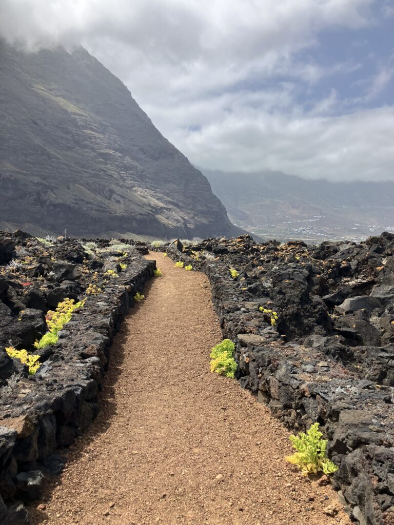 Narrow dirt path through volcanic rocks with cliffs in the background in El Hierro