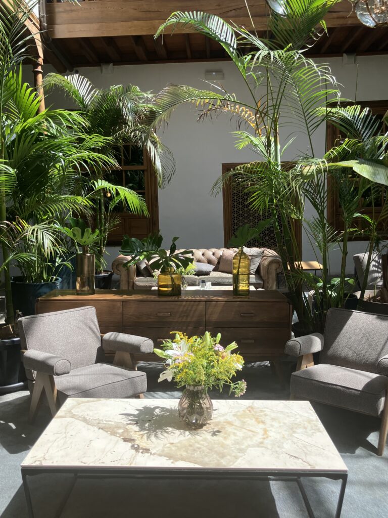 Interior patio at La Laguna Gran Hotel in San Cristóbal de La Laguna. Best hotel to stay in La Laguna. Green plants surrounding armchairs and table
